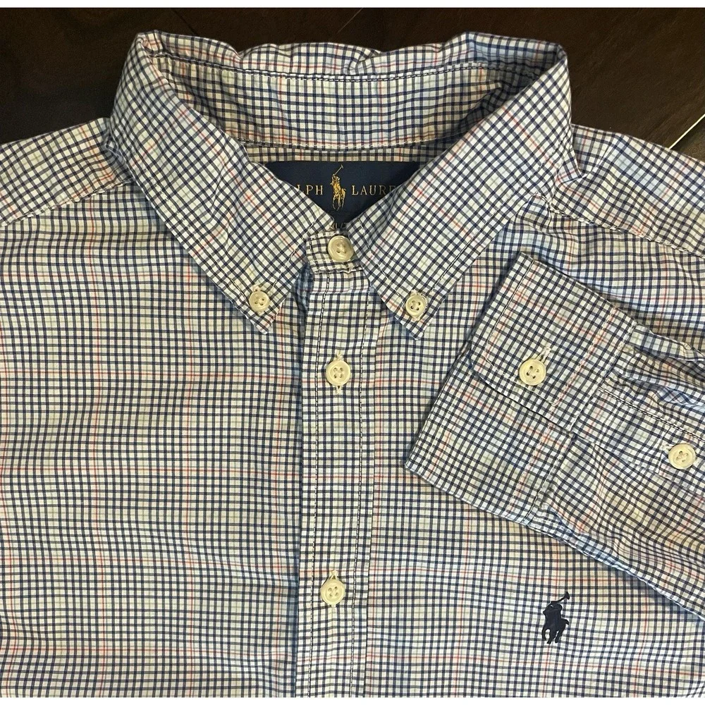 Ralph Lauren Button Down Shirt Boys XL 18-20 Blue White Check Long Sleeve Preppy